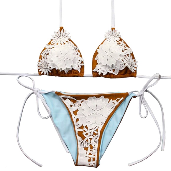 Other - NEW Tan String Bikini with White Flower Appliqués